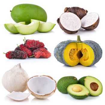 coconut, mango, Mulberry, pumpkin,  taro roots, avocado on white background