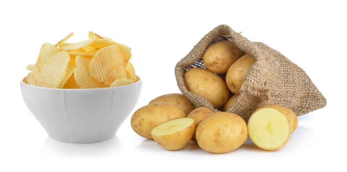  potato chips and potato in the sack isolated on white background