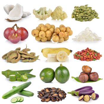 Cauliflower, pumpkinseeds, coconut, grape, banana PalmSeed, feed, okra, avocado, chestnuts, eggplant, cucumber, watermelonseeds on white background