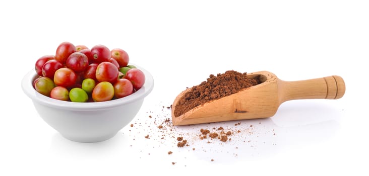 fresh coffee beans and instant coffee on white background