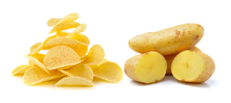 potato and Potato chips on white background