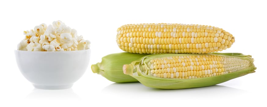 popcorn in bowl and corn isolated on white background