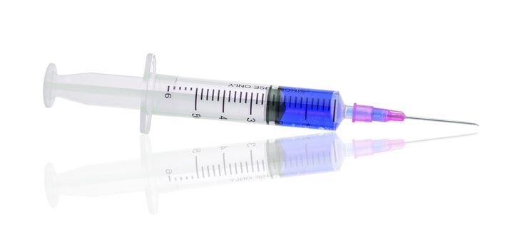  plastic syringe with blue liquid isolated on white background