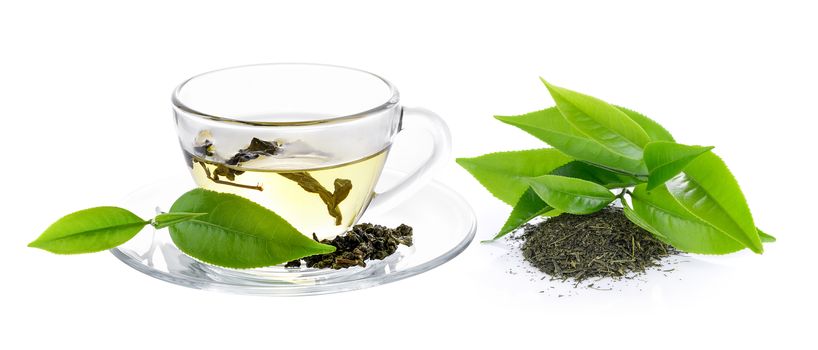 cup of green tea on white background