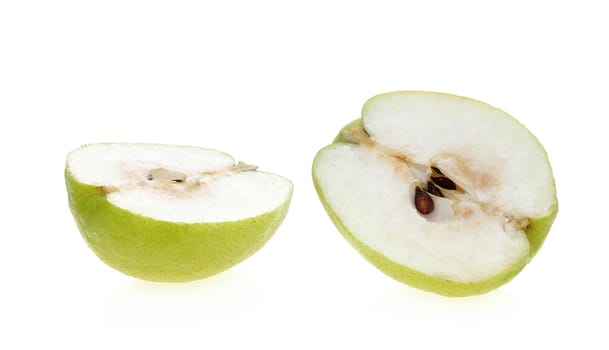 Pear cut half on white background.