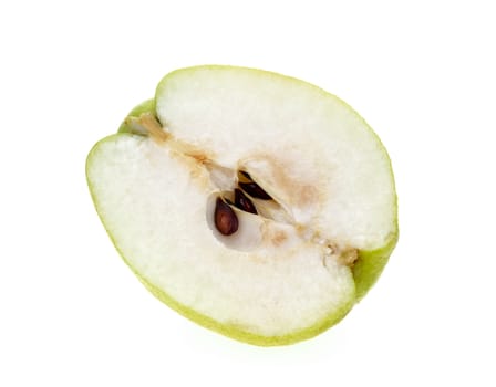 Green Pear cut half on white background.
