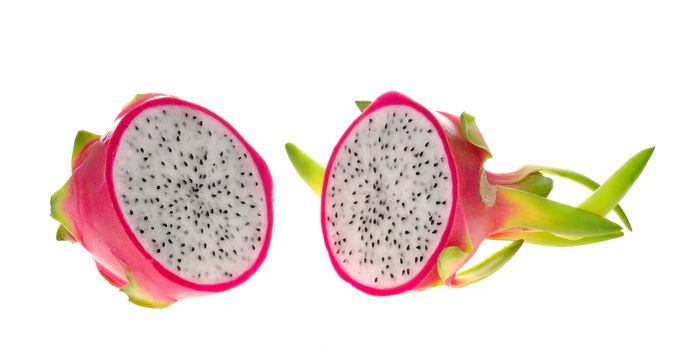 Dragon fruit cut half (Two pieces) on white background.