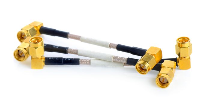 High-frequency SMA connectors isolated on white background. Gold plated pins.