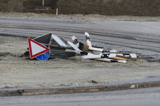 Piled street signs on a construction site in Maisach, Bavaria