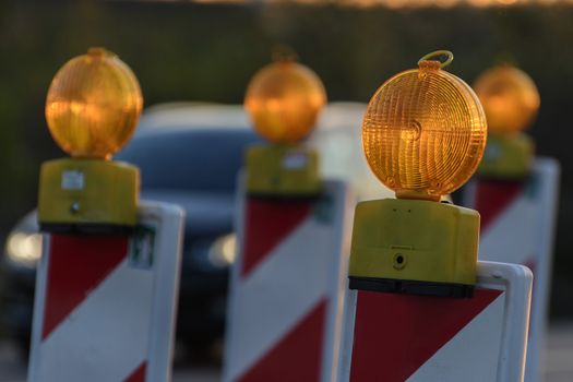 Warning light at a construction site in Maisach, Bavaria