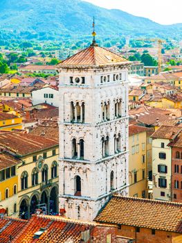 Bell tower of San Michele in Foro Basilica in Lucca, Tuscany, Italy.