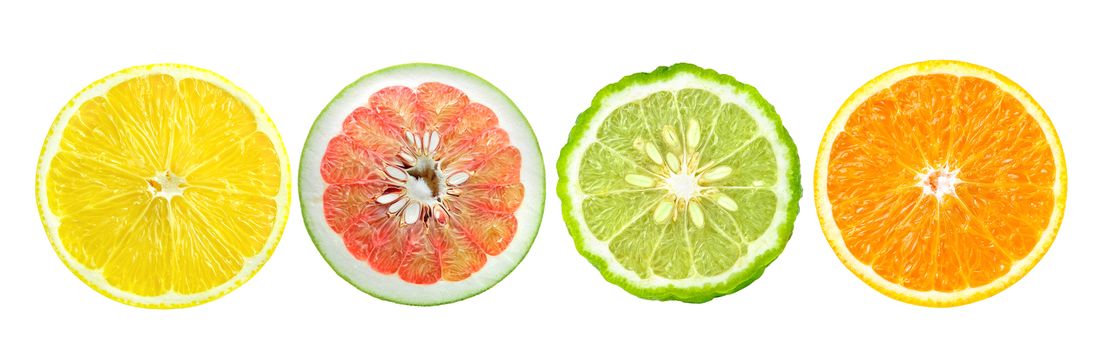Citrus fruit. Orange, lemon, bergamot. Slices isolated on white background