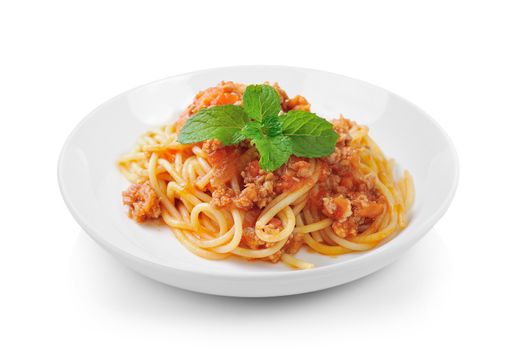 spaghetti pasta with tomato beef sauce in plate on white background