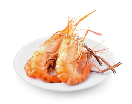Boiled shrimp in plate on white background