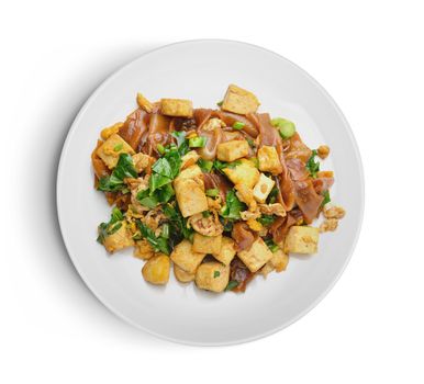 Stir Fried Rice Noodle with tofu in plate on white background