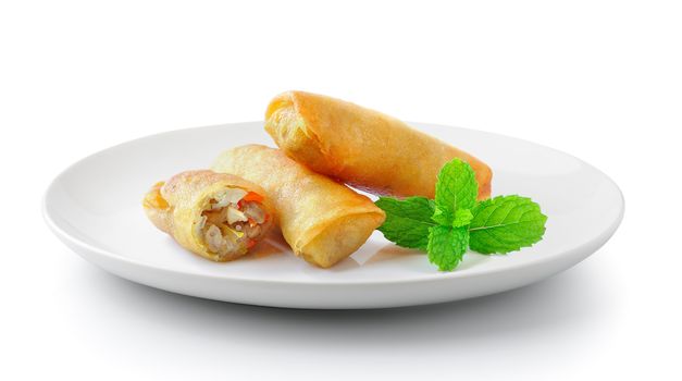 Spring rolls food in a plate isolated on a white background