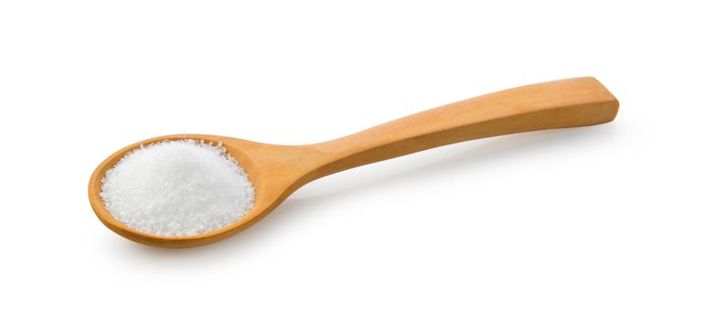 sugar in wood spoon on white background