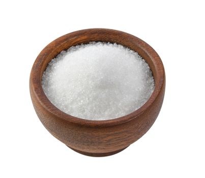 white sugar in wood bowl on white background