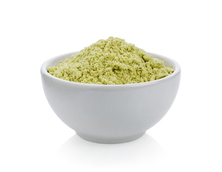 whey protein in bowl on a white background