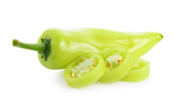 Green hot chili pepper isolated on the white background.