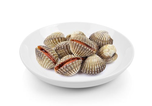 fresh cockles in plate on white background