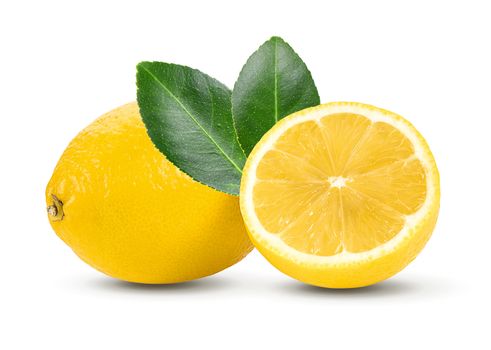 Lemon and cut half slice with leaf isolated on white background