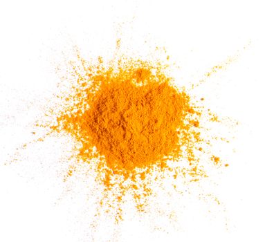 Turmeric (Curcuma) powder pile isolated on white background, top view