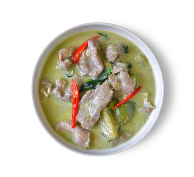 traditional thai green curry on white background