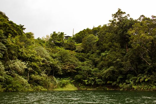 Two identical mountain lakes that are on top of the mountains on the island of Negros. Fog.