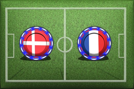 Football, World Cup 2018, Game Group C, Denmark France, Tuesday, June 26, Button with national flags on the green grass.