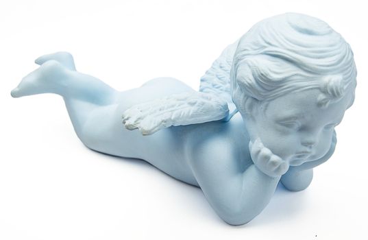 blue ceramic baby angel statue isolated on white background