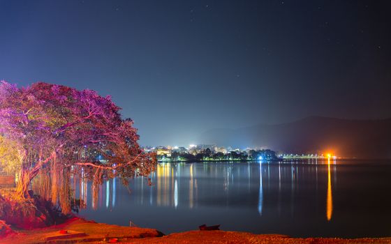 Pokhara Lakeside and Phewa Lake at night in Nepal