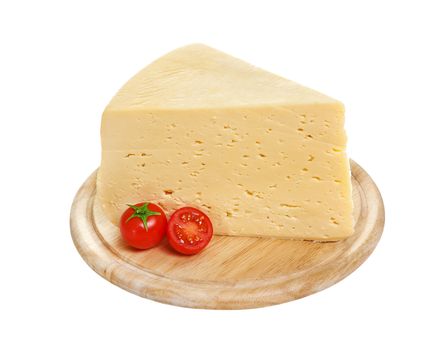 Isolated cheese. Piece of Russian cheese on wooden board on white background with clipping path