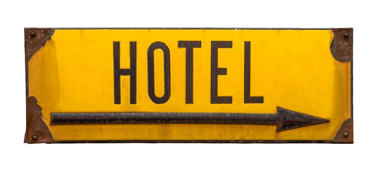 Isolated Rustic Rusty Street Sign For A Hotel With Arrow On A White Background