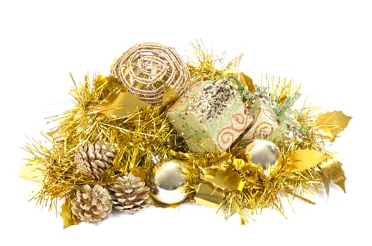 Christmas and New year decoration. Golden color composition on white isolated background