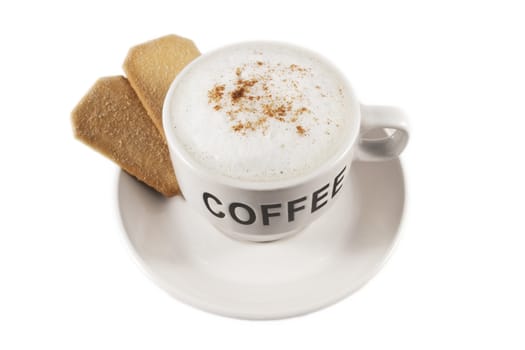 Coffee cup with biscuits over white isolated background