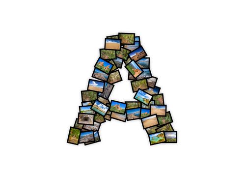 Letter A uppercase font shape alphabet collage made of my best landscape photographs. Version 2