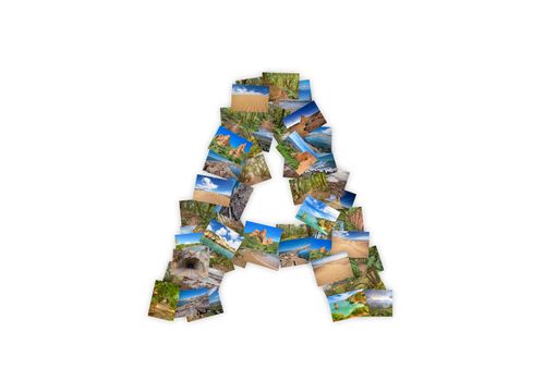 Letter A uppercase font shape alphabet collage made of my best landscape photographs. Version 3