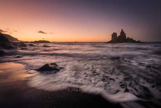 Fine art landscape of Benijo beach at sunset in Tenerife, Canary islands, Spain.