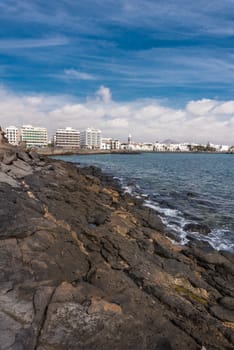 Arrecife coast and skyline in Lanzarote, Canary islands, Spain.
