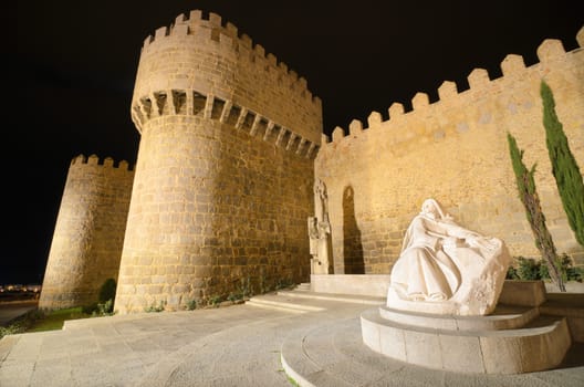 Avila at night, medieval city walls. Castile and Leon, Spain.