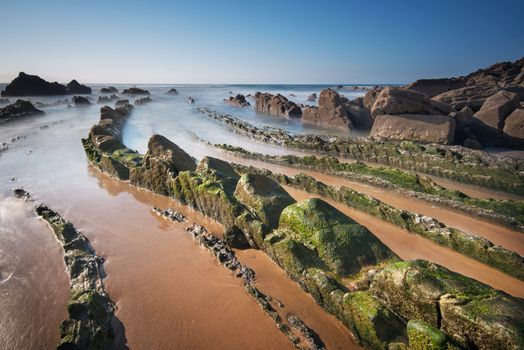 barrika beach, mossy rocks. Bilbao, Basque country, Spain.