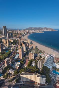 Aerial view of Benidorm city skyline, in Alicante province, Spain.