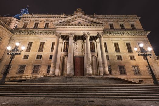 Facade of the ancient building of Philology Faculty of public Salamanca university, Salamanca, Spain.