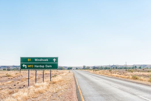 Turn-off from the B1-road to Hardap Dam near Mariental, the capital town of the Hardap Region in Namibia. The dam is the largest dam in Namibia