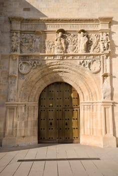 Church door and facade in the ancient village Briviesca, in Burgos province, castilla y Leon, Spain.