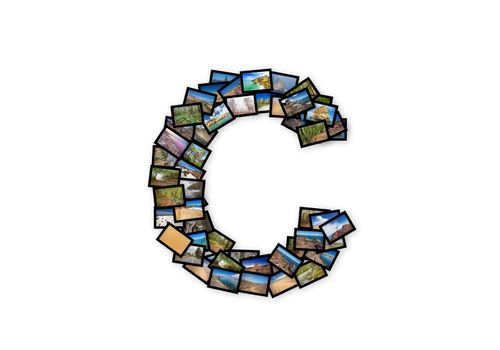 Letter C uppercase font shape alphabet collage made of my best landscape photographs. Version 2.