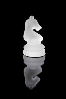 Glass chess knight on black isolated background.