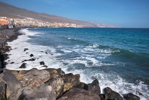 Scenic view of a beach in the famous Touristic town of Candelaria, Tenerife, Canary Island, Spain.