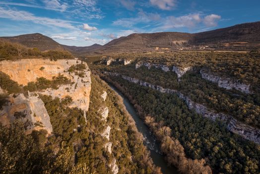 Landscape of Ebro river canyon at sunset in Burgos, Castilla y Leon, Spain.